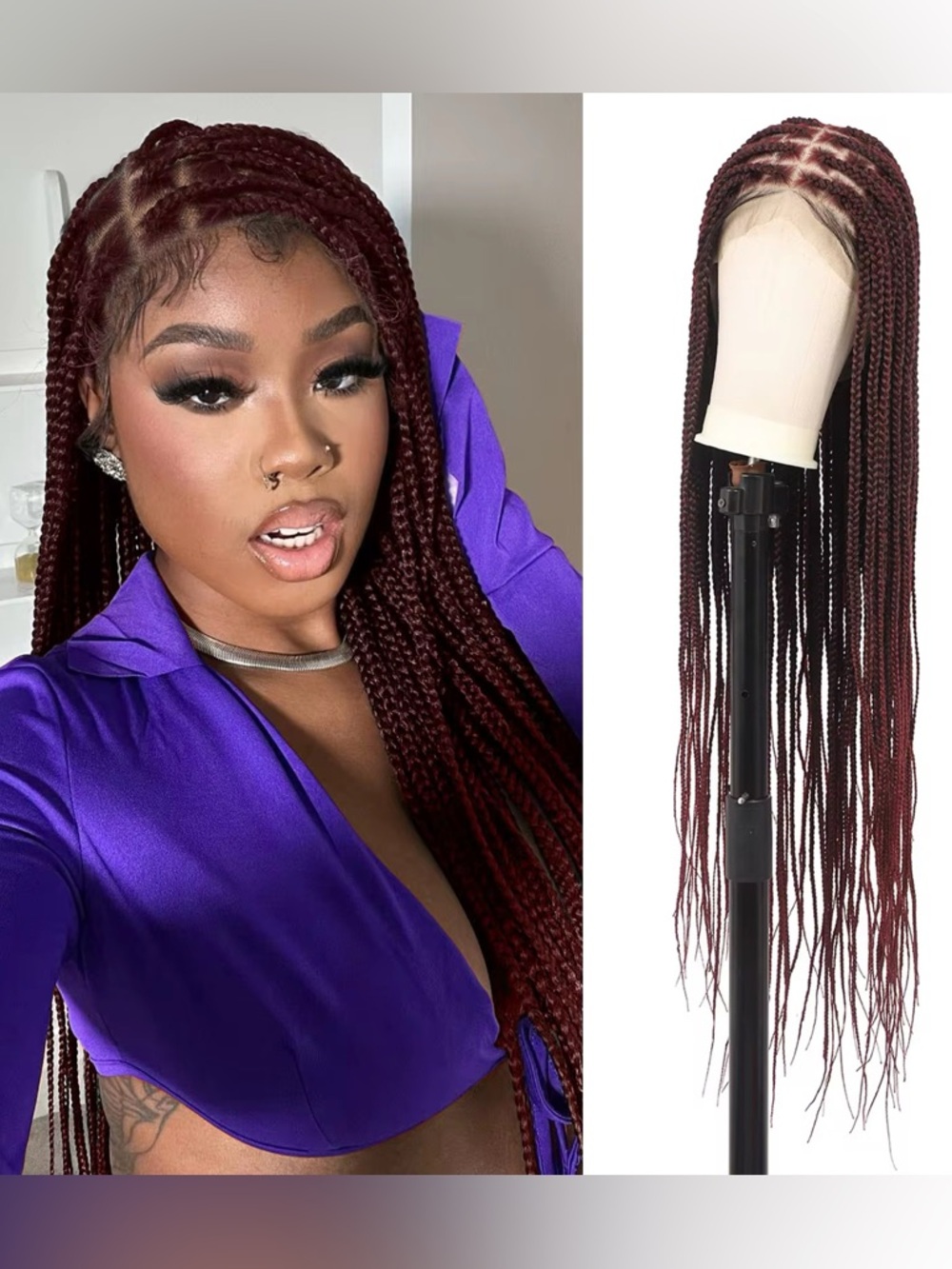 Long Burgundy Box Braids Lace Front Wig - Women Hair 36 inch